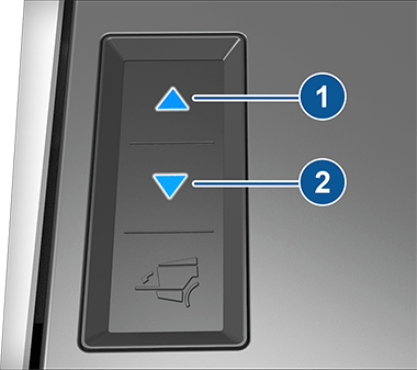 Close-up of the tonneau open and tonneau close buttons, labeled 1 and 2, respectively