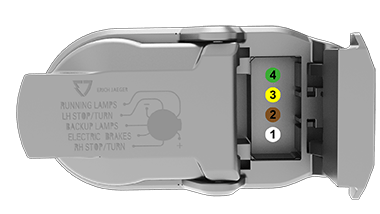 Image showing the built-in 4-pin wiring connector and a callout to each terminal.