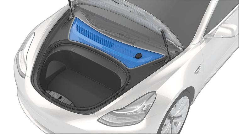 Image of vehicle with front trunk open and rear underhood apron highlighted