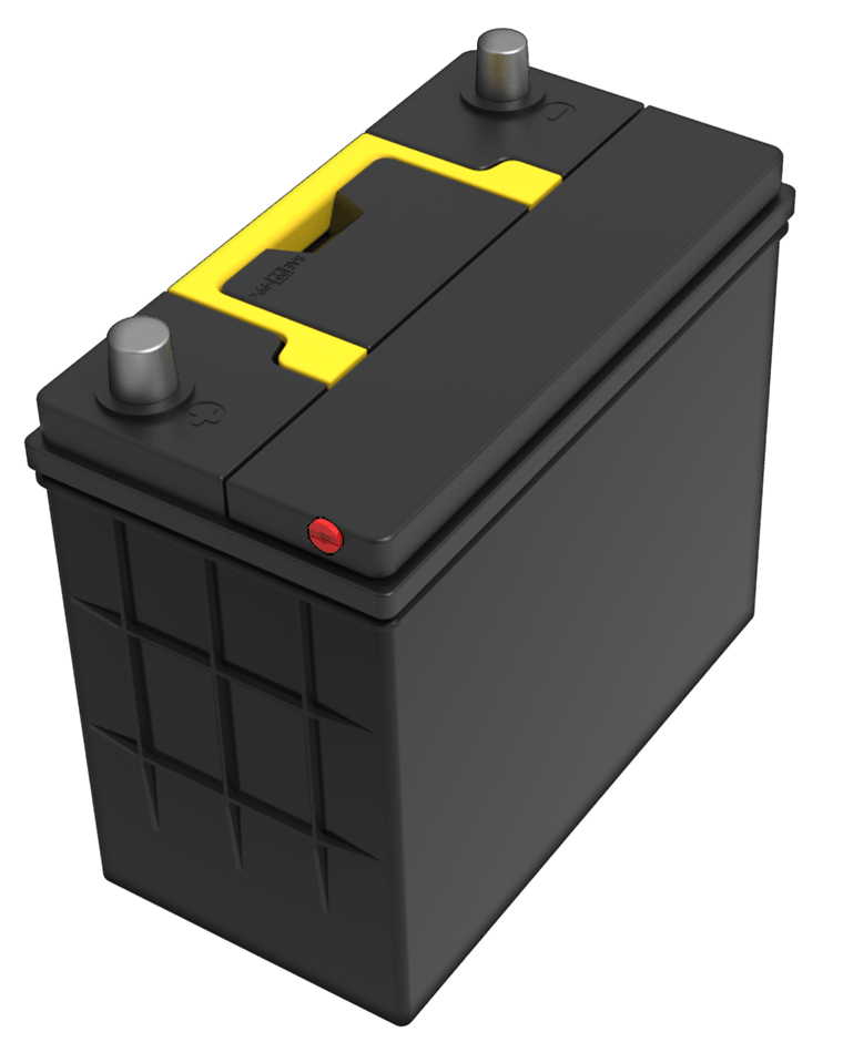 Closeup of low voltage lead-acid battery with the red plug highlighted