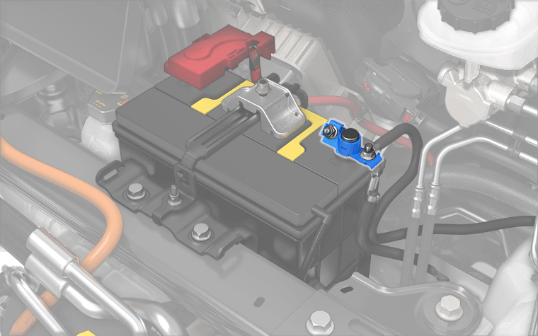 Closeup of low voltage lead-acid battery with the negative (-) terminal clamp highlighted
