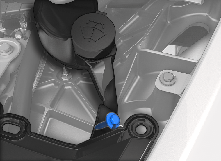 Közeli kép a mosófolyadék-tartály nyakát a motortéri tárolóegységhez rögzítő csavarról.